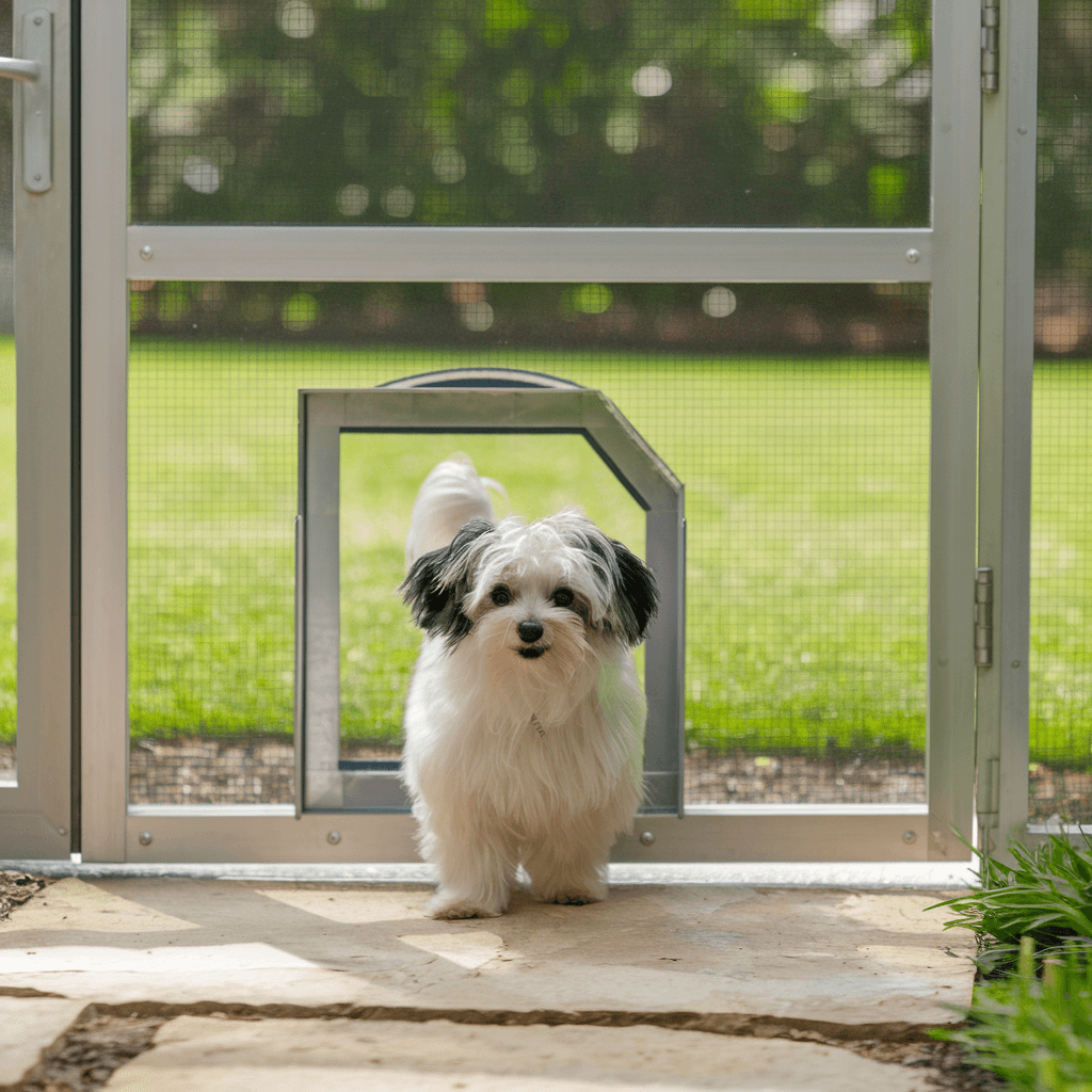 Small dog coming out of a security screen door. The door has a small pet door built into it.