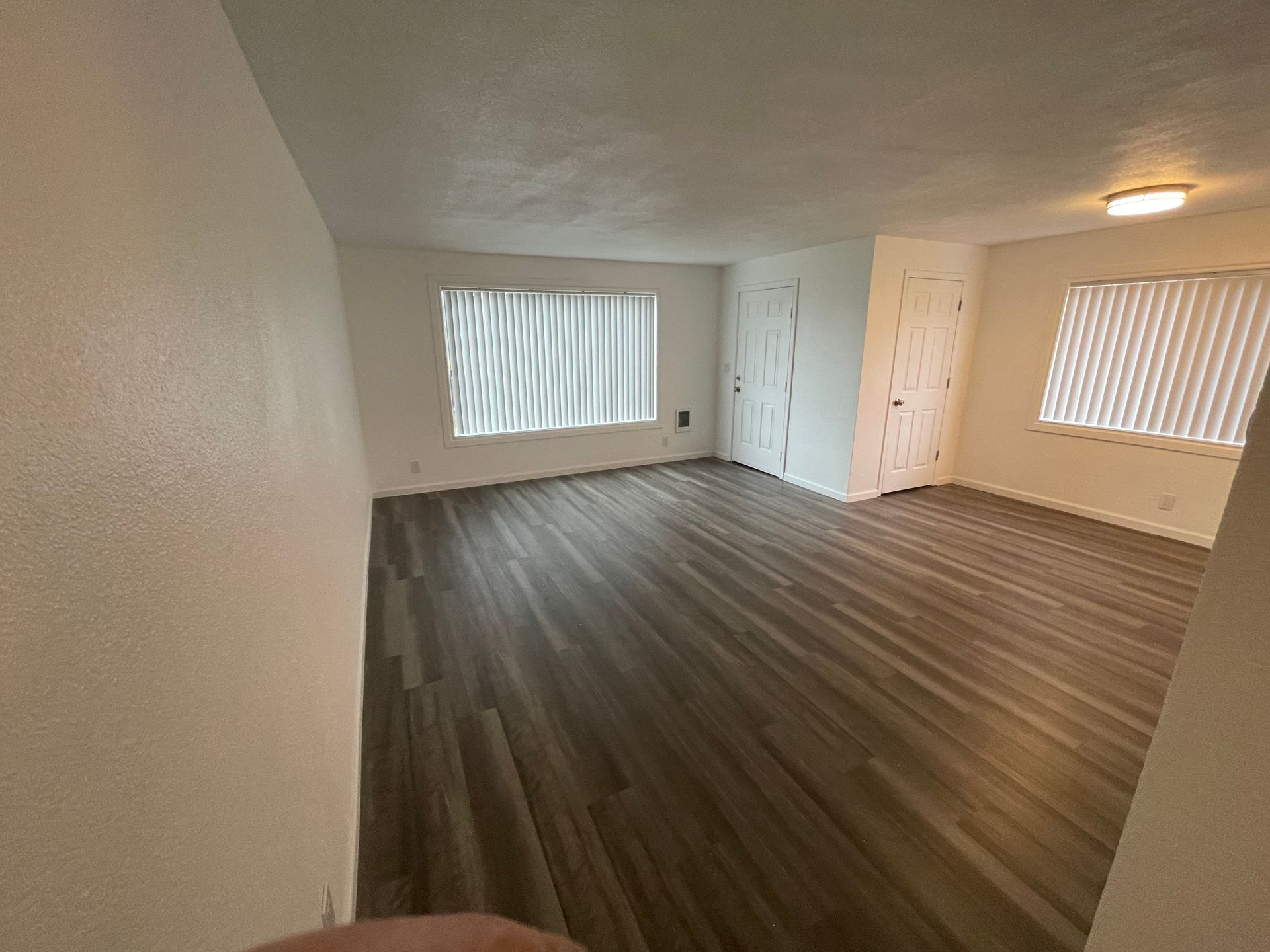 A living room with hardwood floors and two windows.