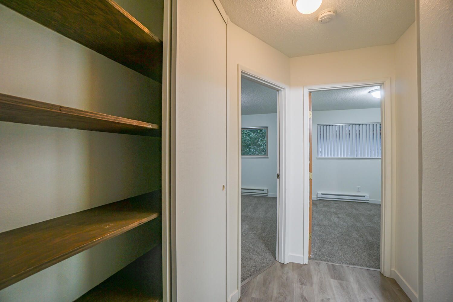 A hallway with shelves and a door leading to a living room.