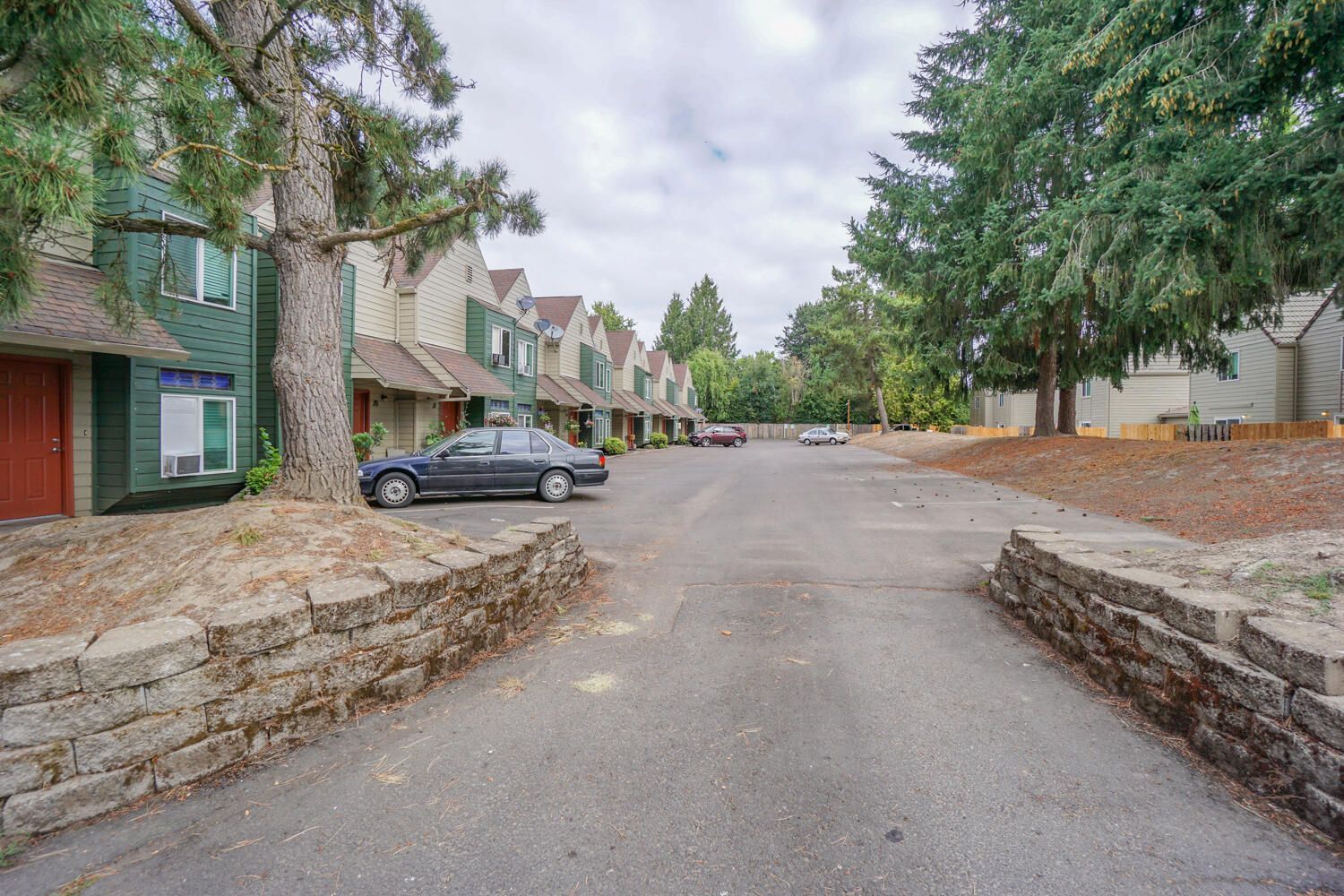 A car is parked on the side of the road in front of a row of houses.