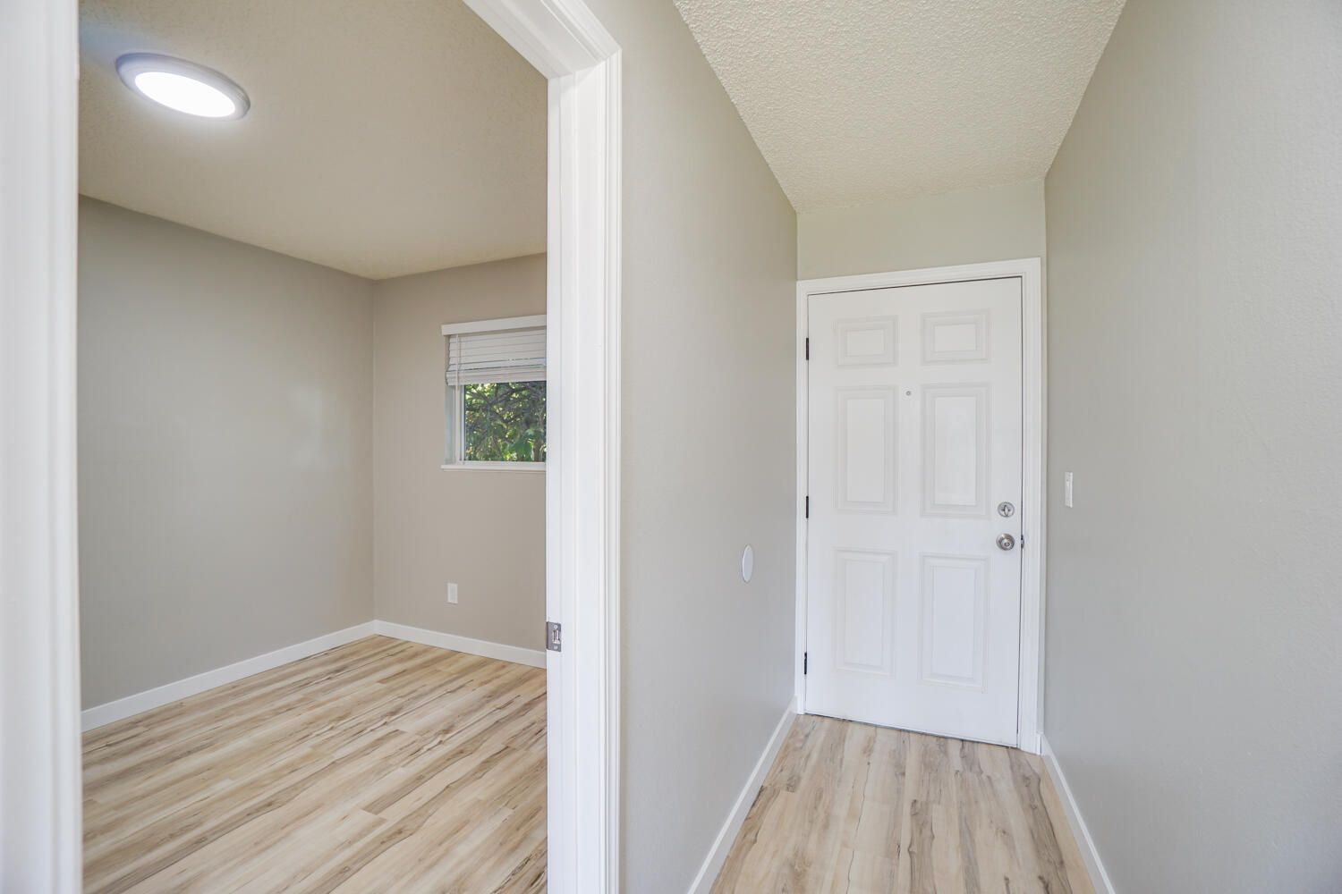 A hallway in a house with a door and a window.