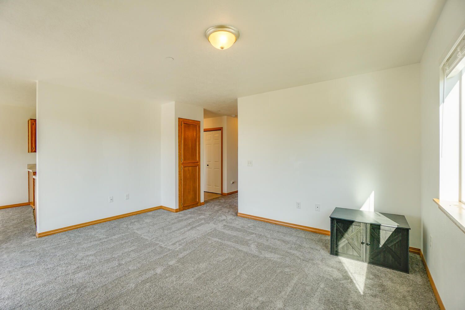 An empty living room with a gray carpet and white walls.
