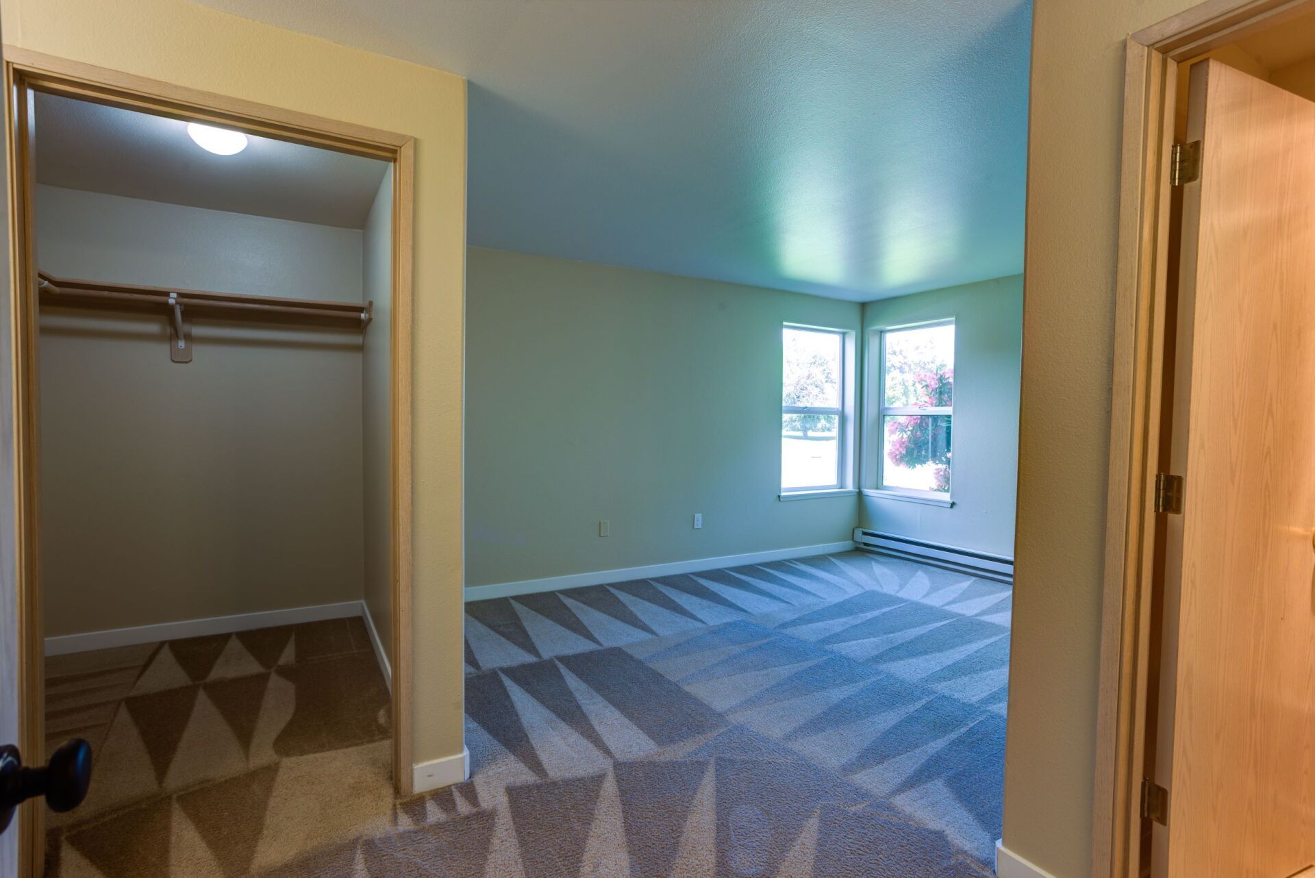 A bedroom with a walk in closet and a large carpeted floor.