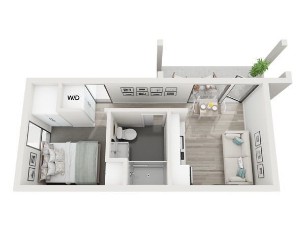An aerial view of a small apartment with a bedroom , living room , and bathroom.