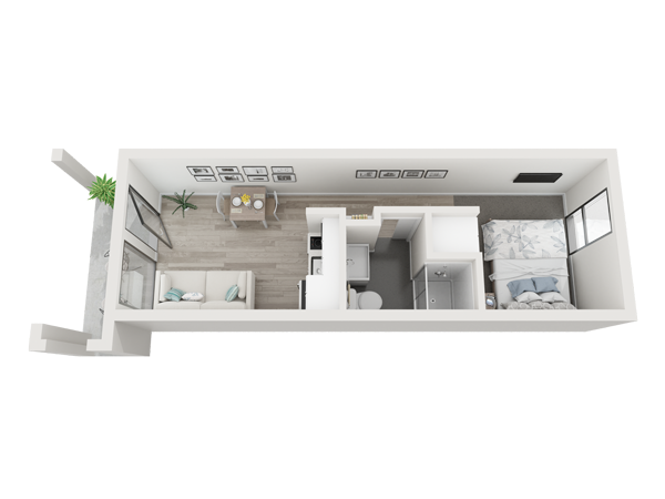 A 3d floor plan of a small apartment with a balcony.