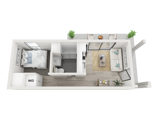 An aerial view of a small apartment with a bedroom , living room , and bathroom.