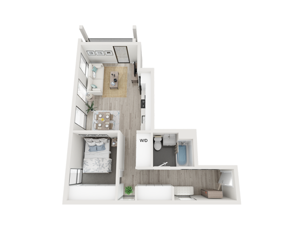 An aerial view of a floor plan of a small apartment.