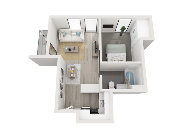 A 3d floor plan of a small apartment with a bedroom , living room , and bathroom.