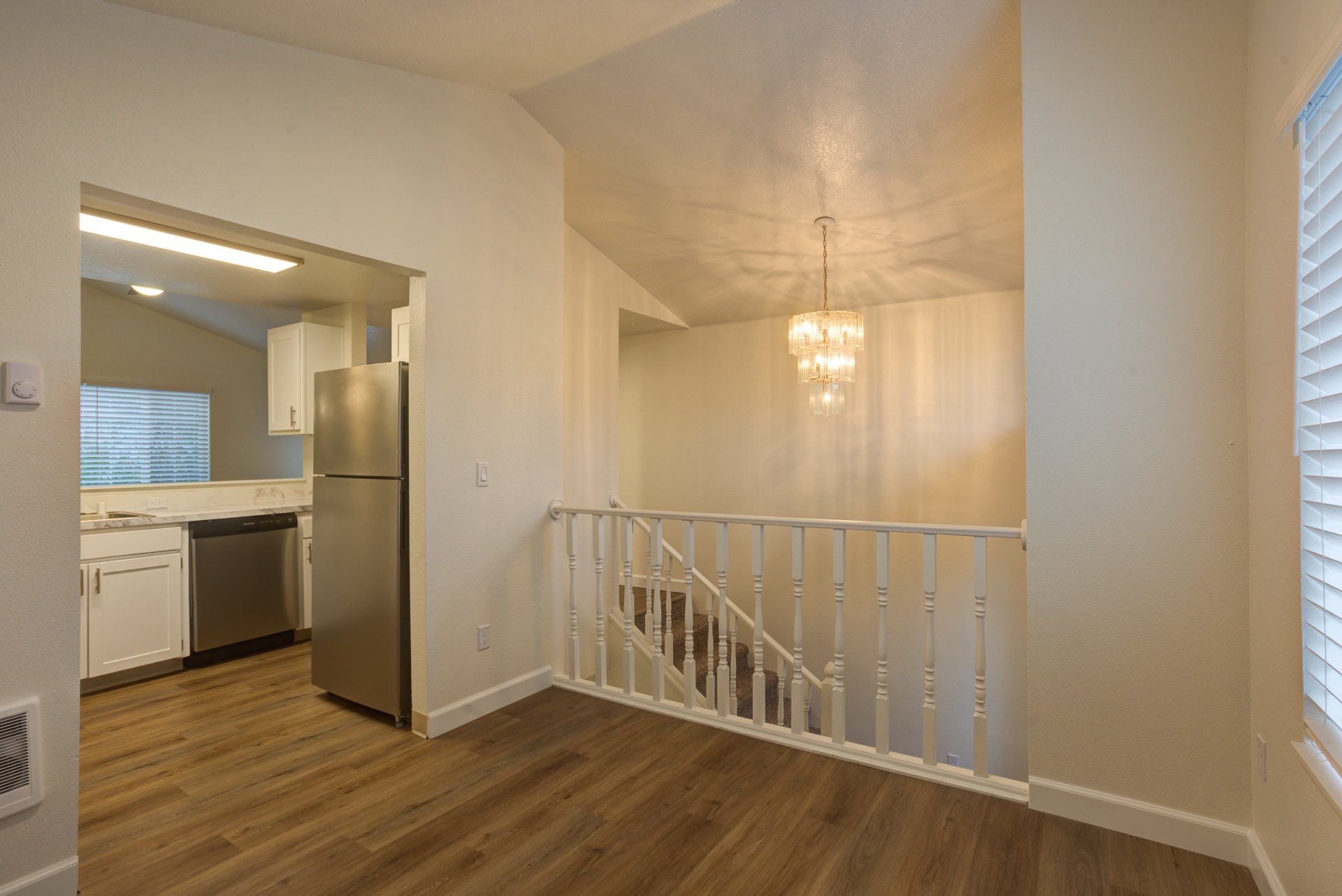 There is a staircase leading up to the second floor of the house.