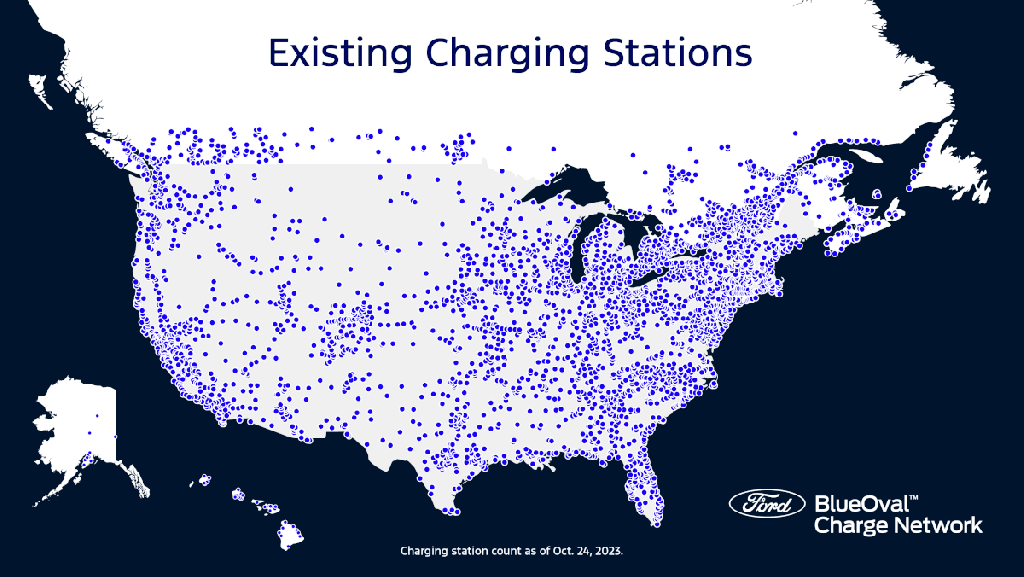 Map of the U.S. titled “Existing Charging Stations,” with many blue dots marking locations