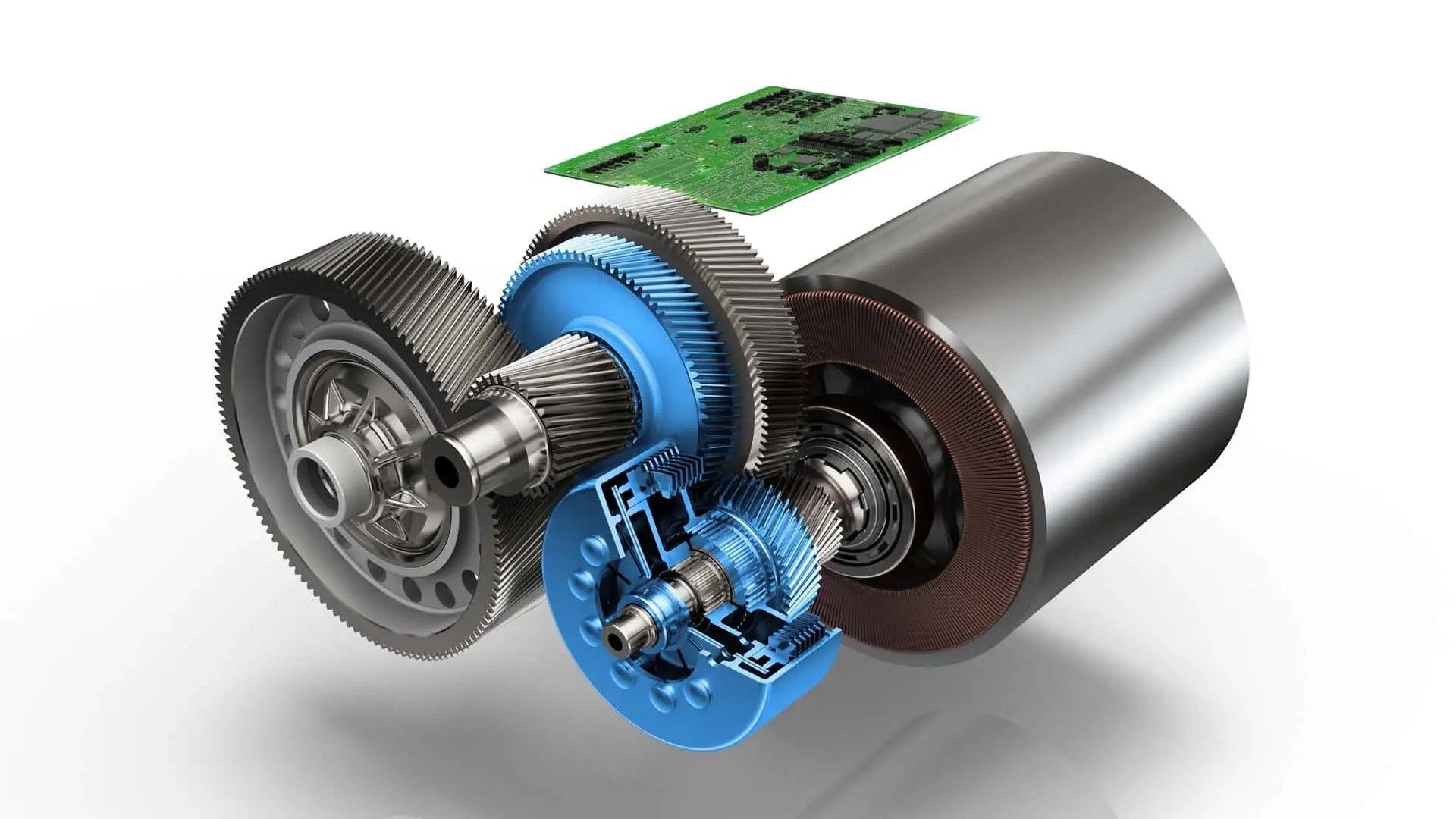 Exploded view of a motorized wheel assembly with gears, blue components, and a cylindrical metal housing