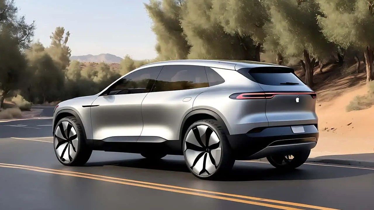 Silver electric SUV driving on a desert road with trees and hills in the background