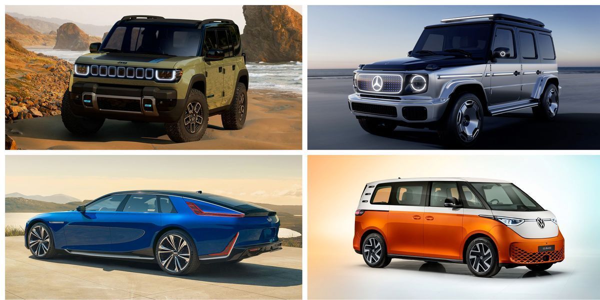 Four luxury cars in a four-panel collage: black SUV, silver SUV, blue sedan, and orange minivan.