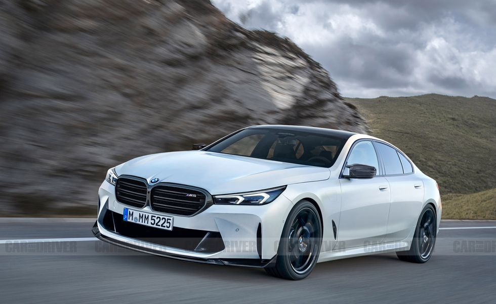 White Mercedes sedan driving on a mountain road with rocky cliffs and cloudy sky in the background