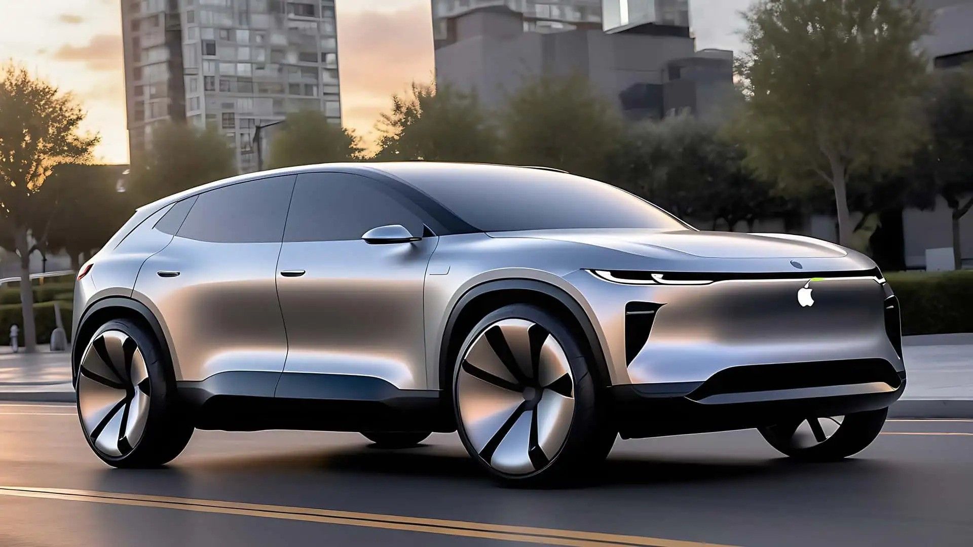 Sleek silver concept SUV driving on a city street at sunset