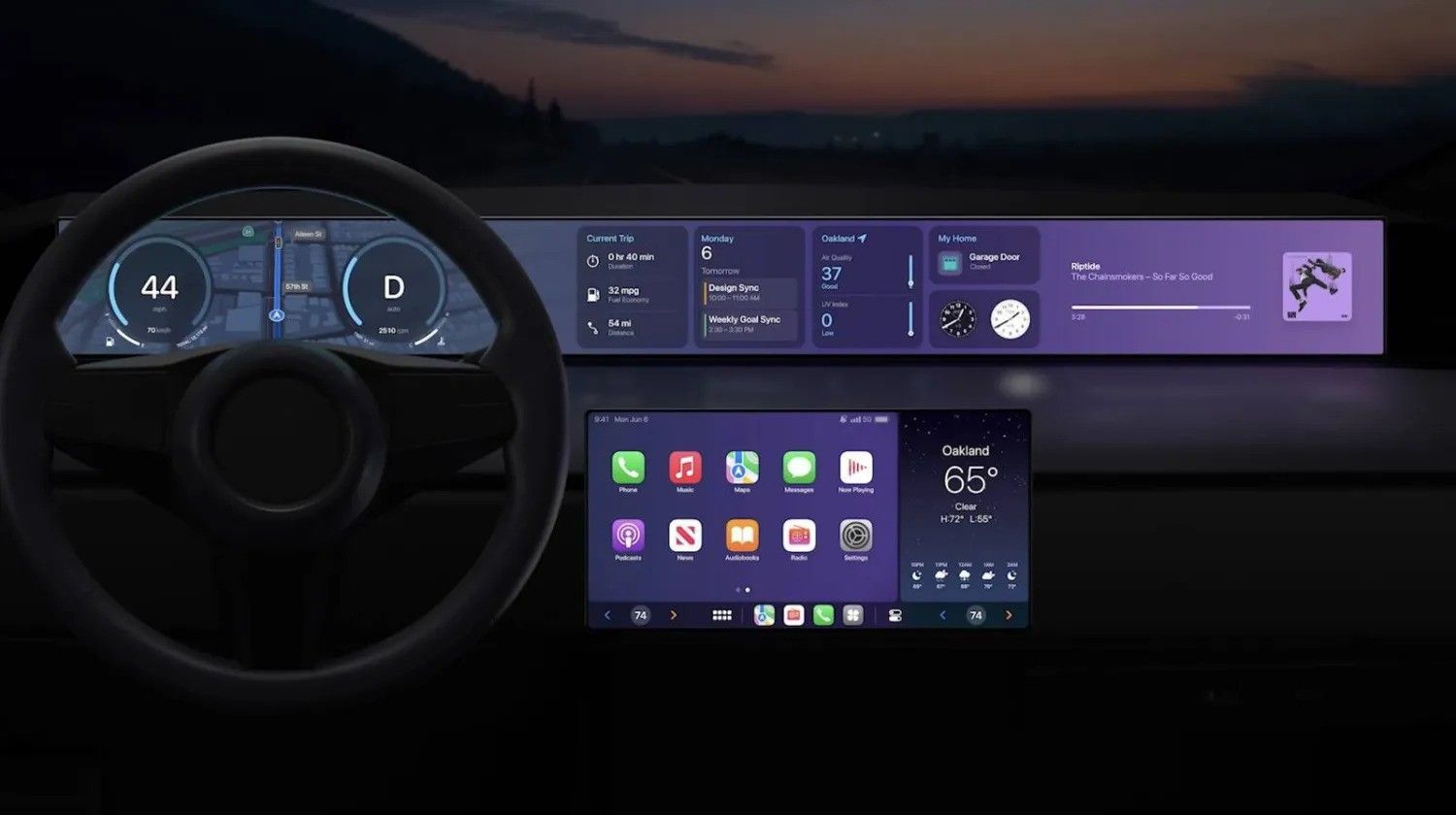 Car dashboard with digital instrument cluster and wide infotainment display showing app icons in a dark interior