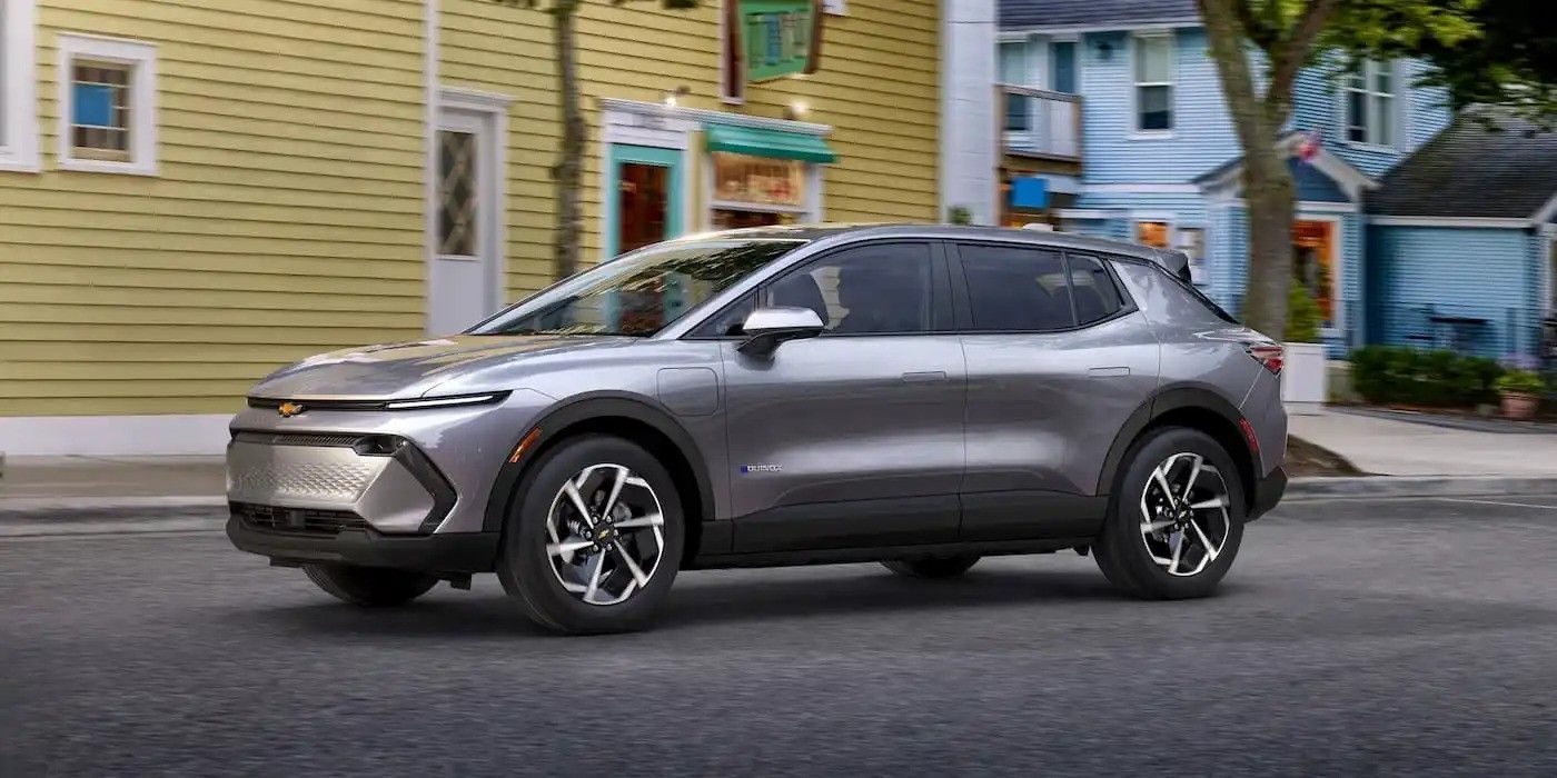 Gray SUV parked on a residential street with colorful houses in the background