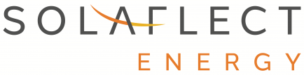 Solaflect Energy logo in gray and orange text with a stylized sunburst design