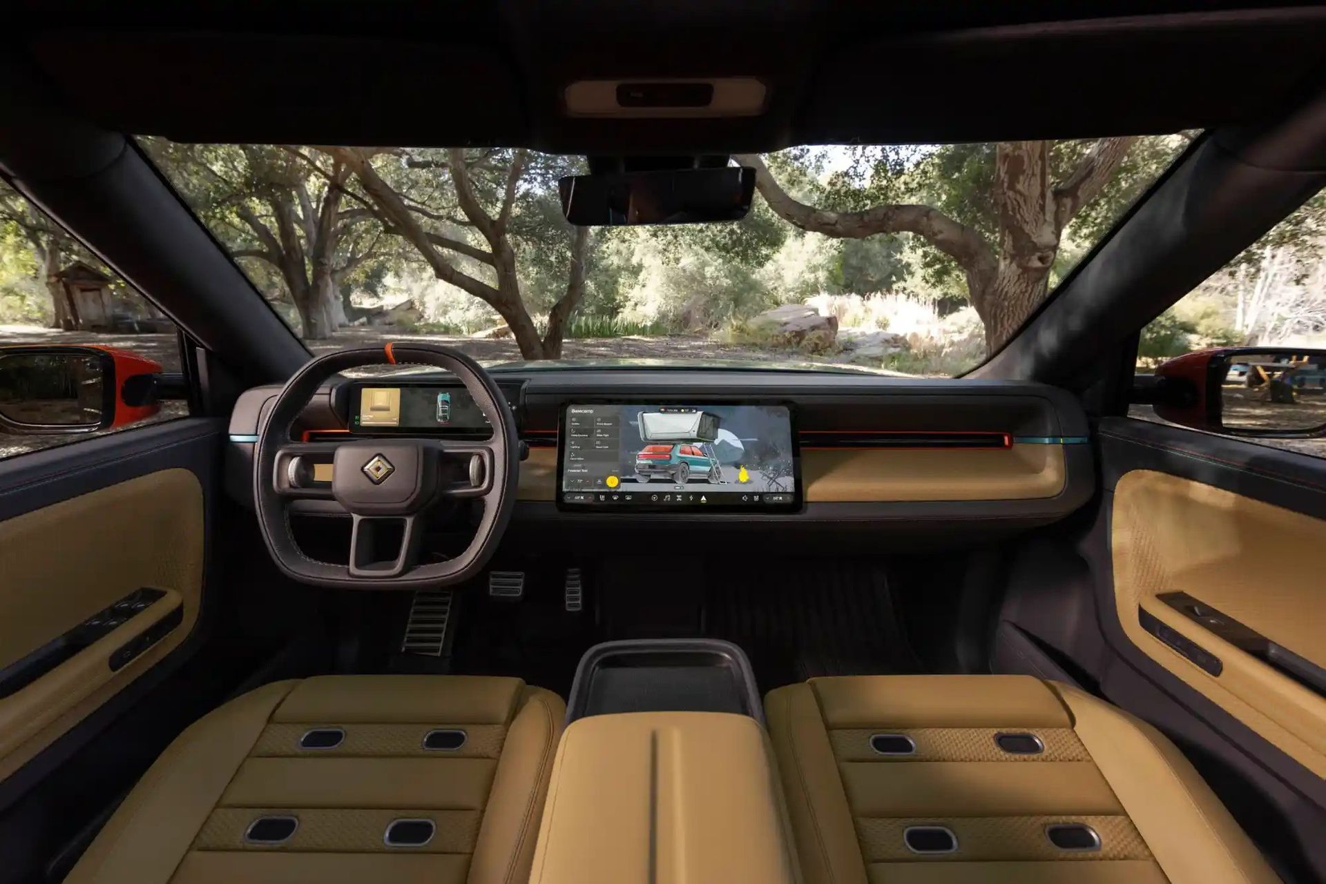 Luxury car interior with tan seats, digital dashboard, and a large windshield view of trees outside