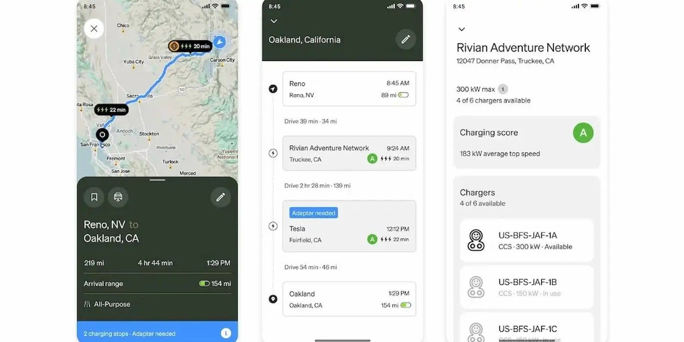 Mobile app UI collage showing map, dark-mode dashboard, and settings screens with lists and buttons