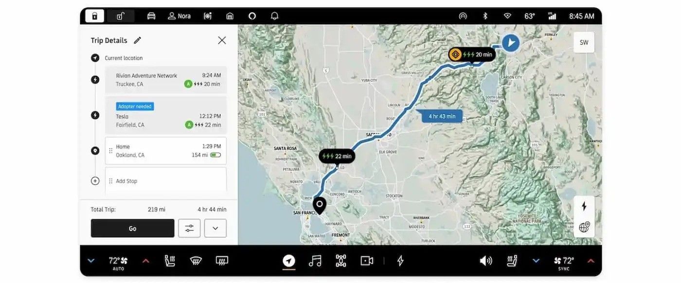 Map route planner with a blue route line and destination pins on a terrain map.