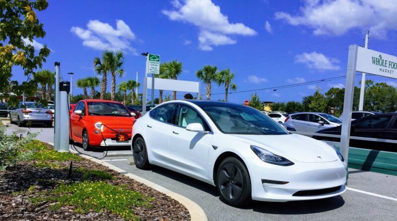 White Tesla sedan parked in front of an orange sports car on a sunny dealership lot with palm trees