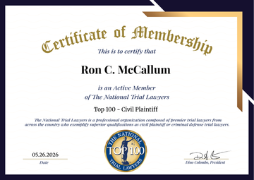 Gold-bordered Certificate of Membership for Ron C. McCallum, with blue seal and ornate title text