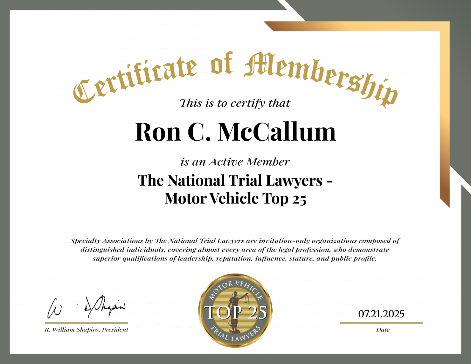 Certificate of Membership for Ron C. McCallum, National Trial Lawyers Motor Vehicle Top 25