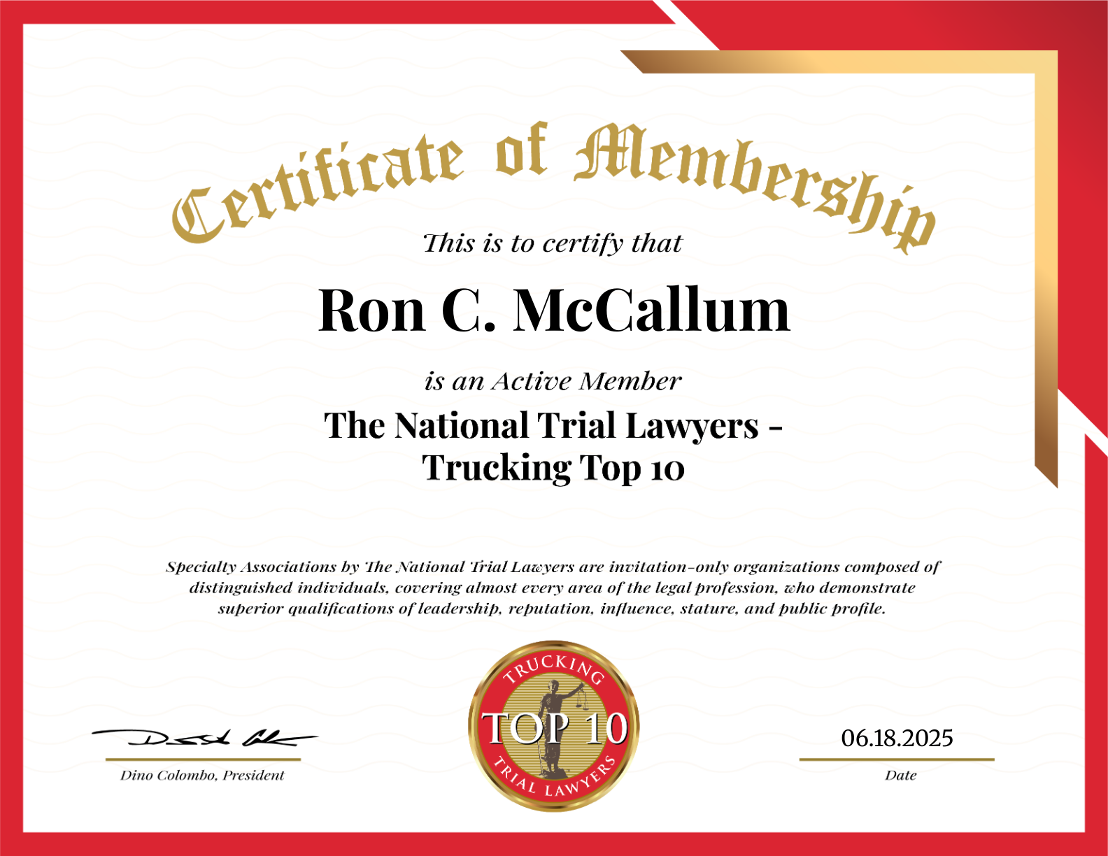 Certificate of Membership for Ron C. McCallum, National Trial Lawyers Trucker Top 10 award certificate