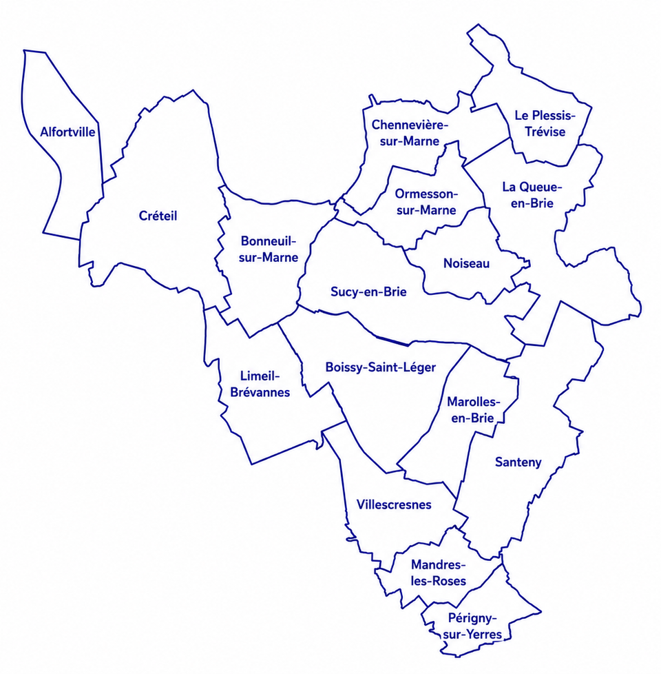 Carte régionale délimitée en bleu avec les districts indiqués, sur fond blanc