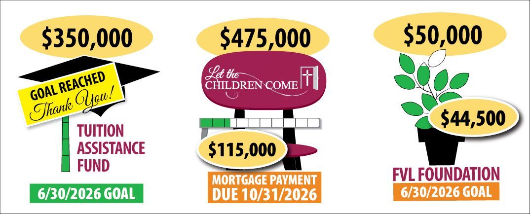 Tuition Assistance goal of $350K has been reached. Mortgage payment has reached $115K. FVL Foundation has reached $44,500.