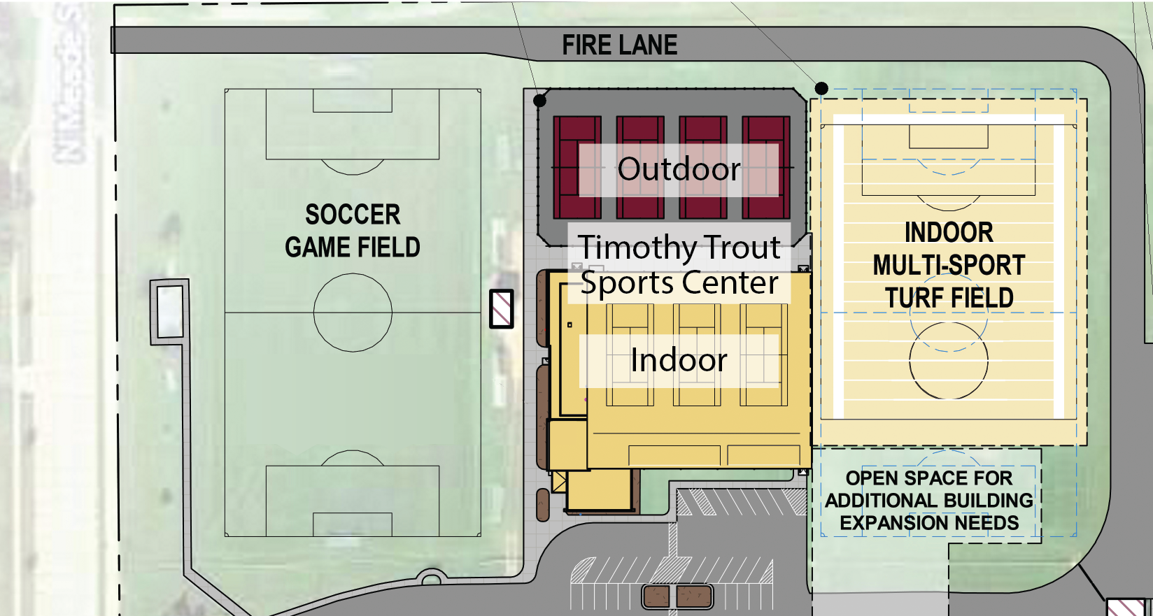 Closeup of Trout Center area on early version of campus site plan