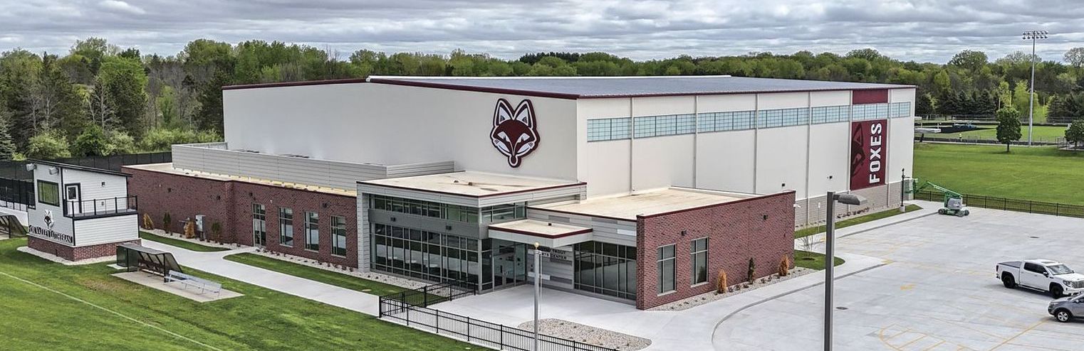 Drone photo of the Timothy Trout Sports Center, looking at the entrance