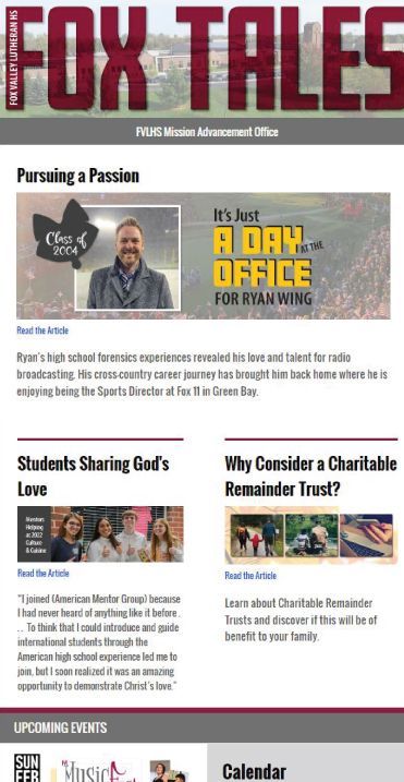 Screen shot of sample, new Fox Tales emailed newsletter with an alumni story featured