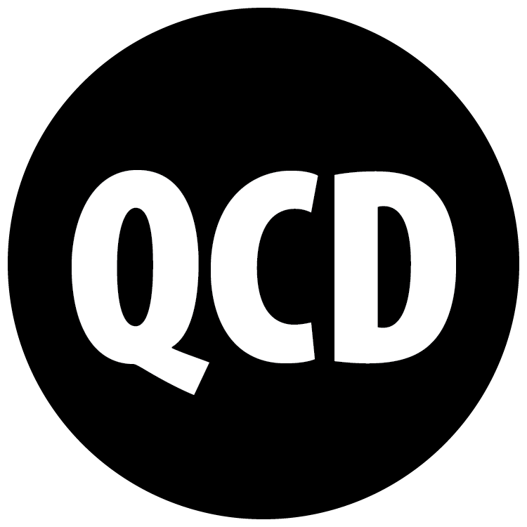 Black circle with QCD in white
