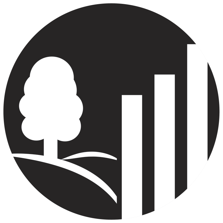 Black circle with tree on hills and rising bars (like on a bar graph)