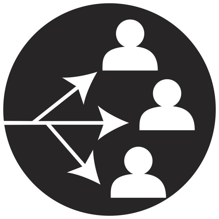 Black circle with one arrow splitting into three with person silhouette at the end of each of the three arrow points