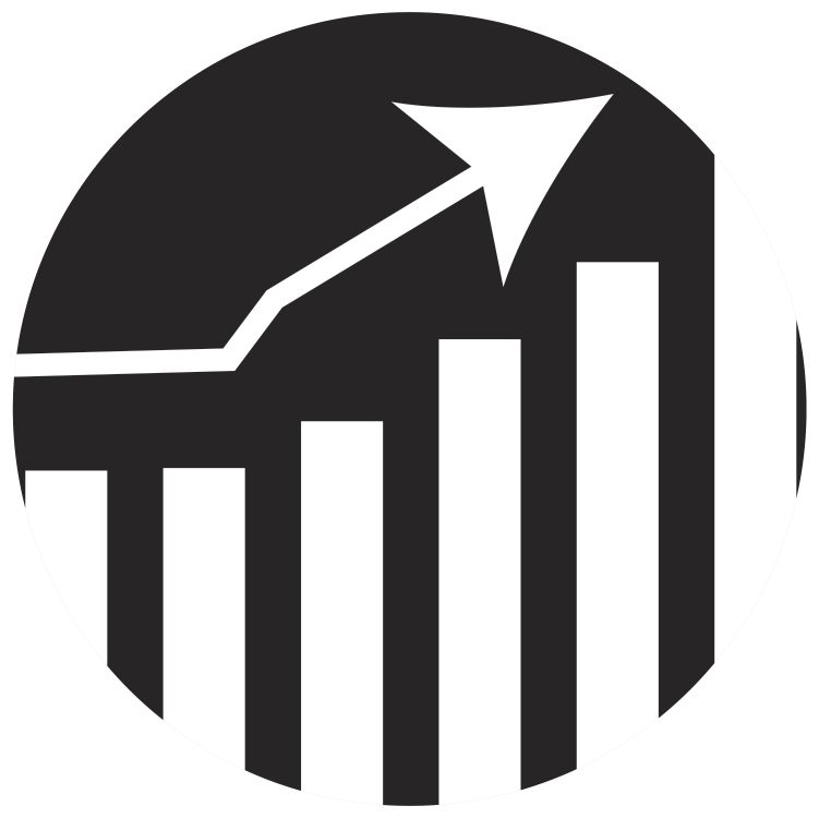 Black circle with white rising bar graph with arrow going up