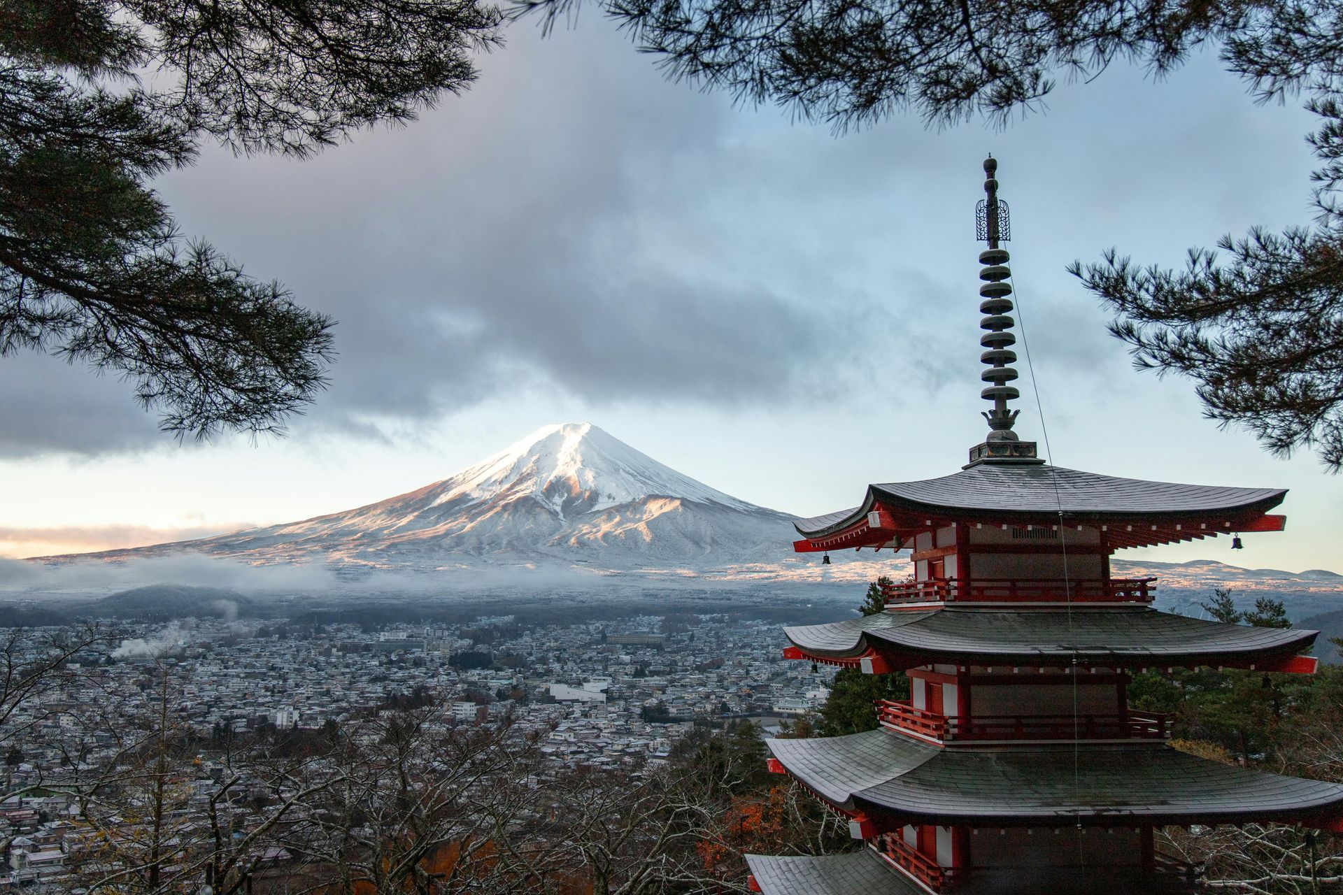 Mount Fuji with Buddhist temple in foreground
