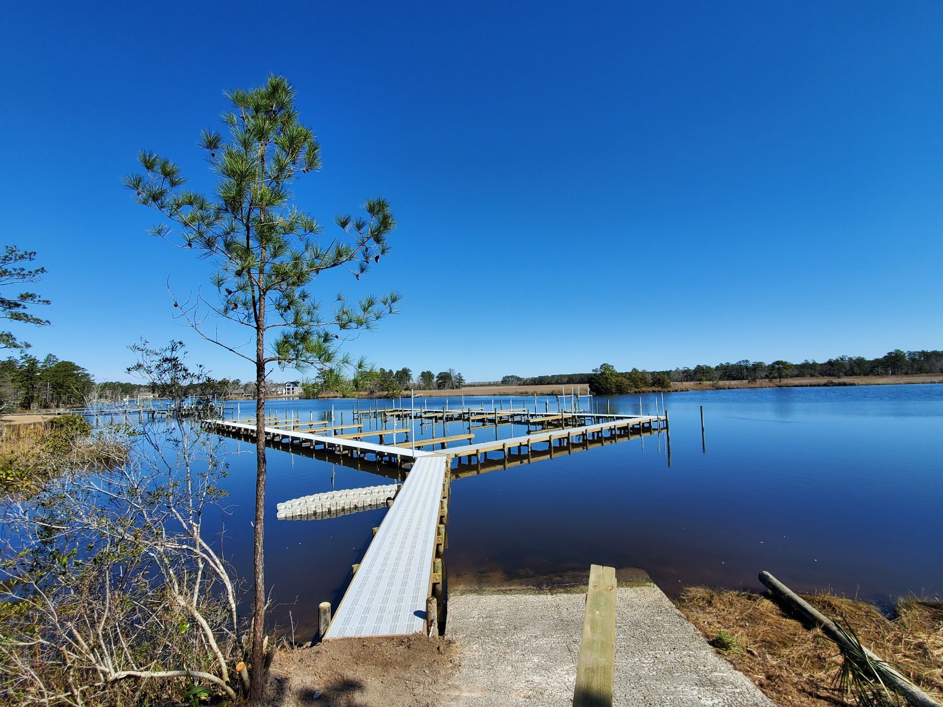 Floating dock on a calm blue lake under a clear sky, with a small tree in the foreground