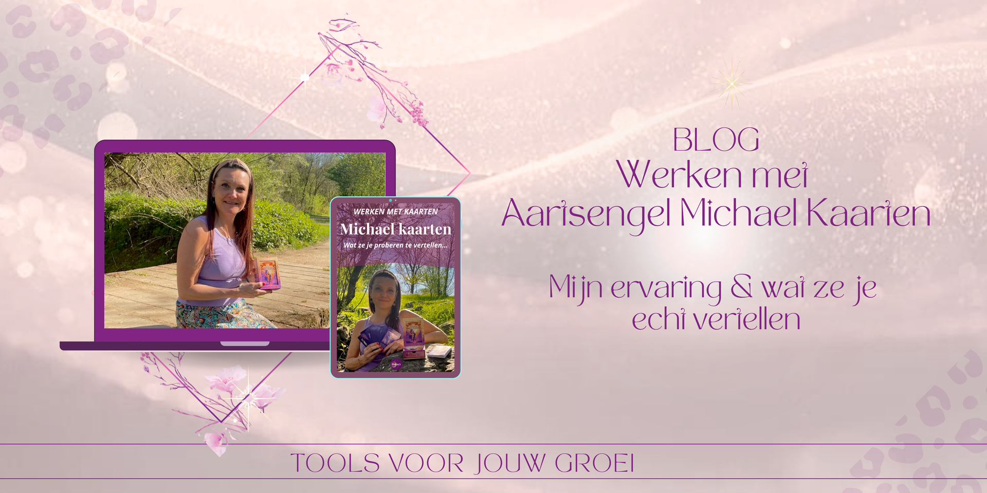 Een blogbanner met een afbeelding van Sabine FHealS die orakelkaarten vasthoudt, met tekst in het Nederlands over de kaarten van Aartsengel Michaël.