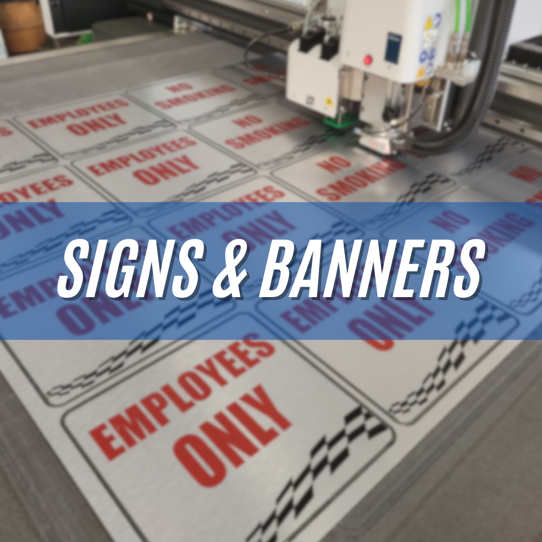 Printer making red “Employees Only” signs and banners on a sheet of material.