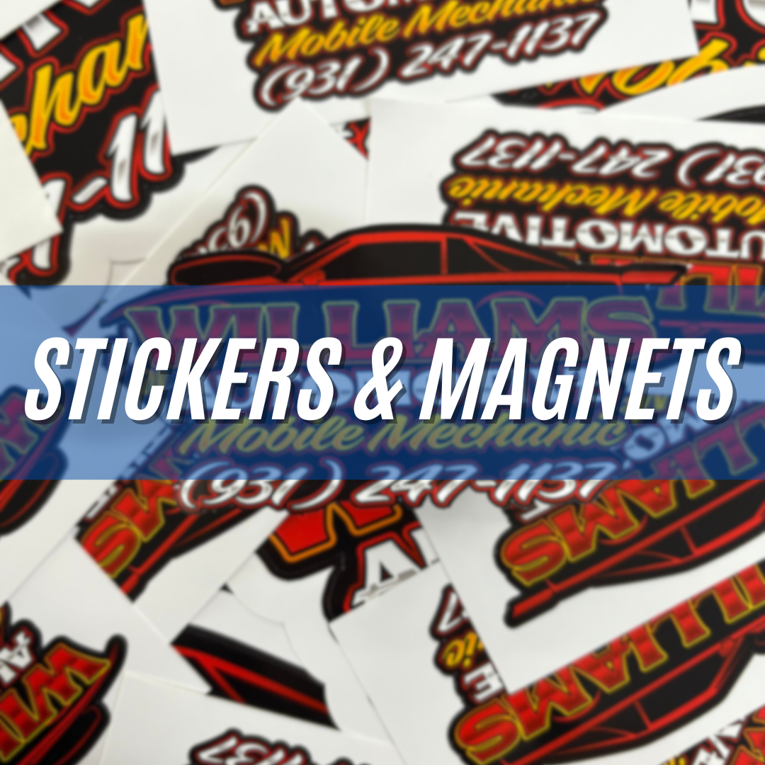 Assorted custom stickers and magnets with red, black, white designs and text overlays