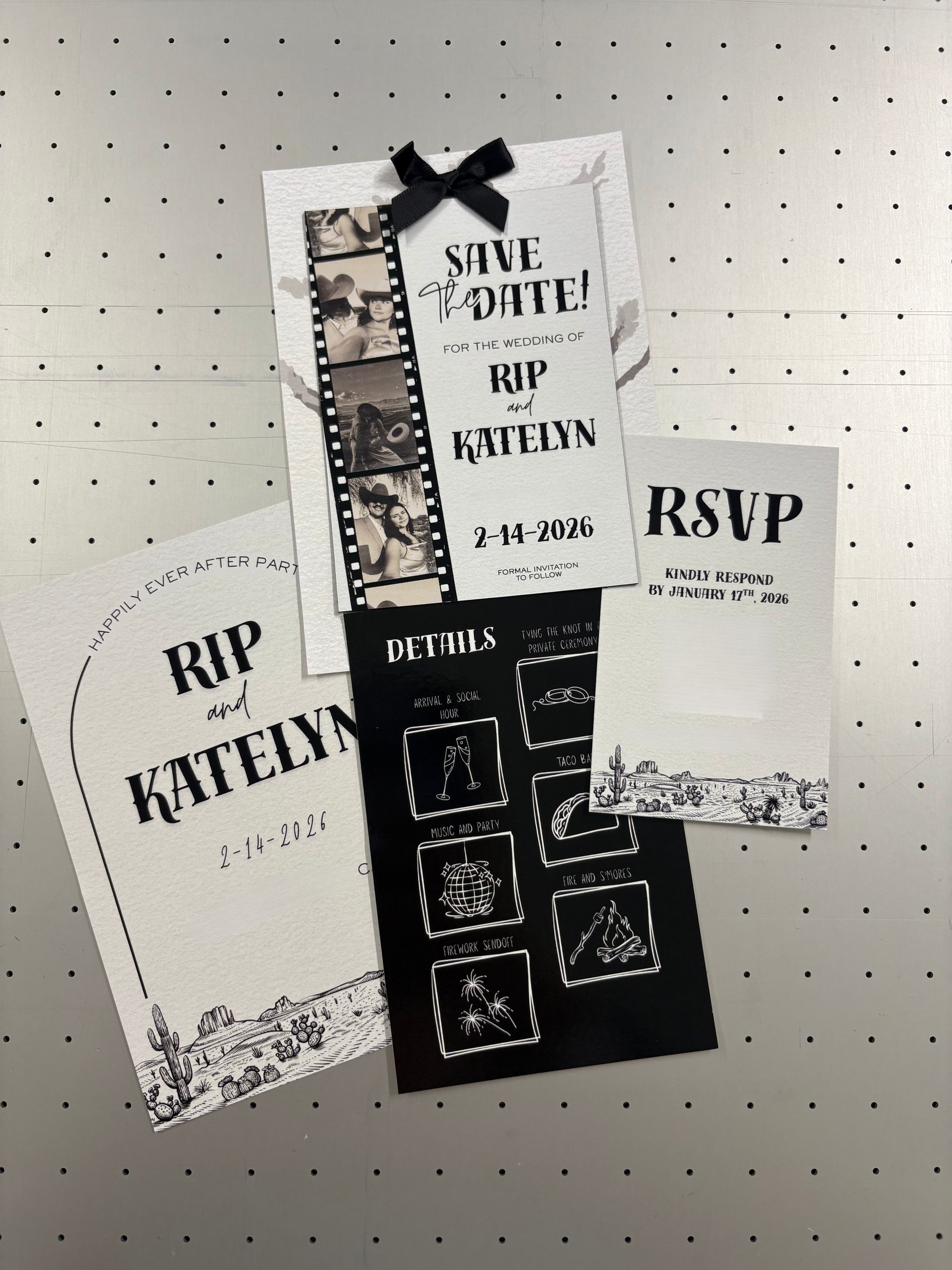 Four spooky black-and-white Halloween party invitations arranged on a dotted background.