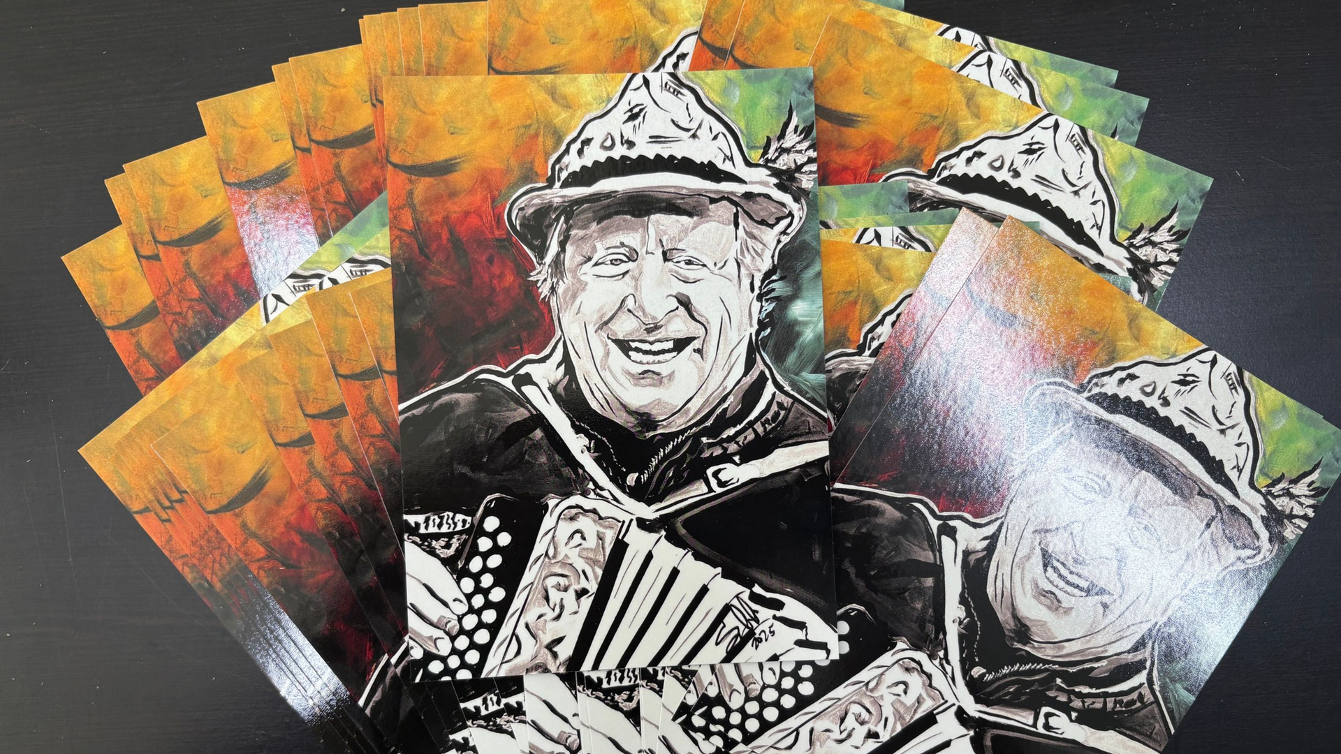 Black-and-white portrait of a firefighter in front of colorful, layered background panels
