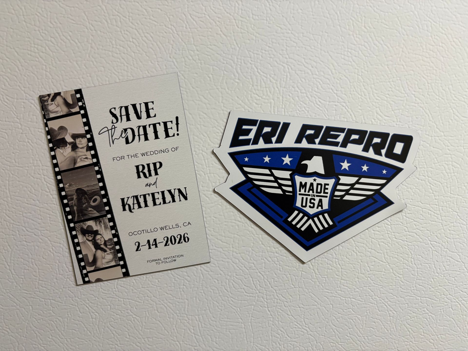 Two magnets: a black-and-white save-the-date card and a blue Eri Repro Made in USA logo.