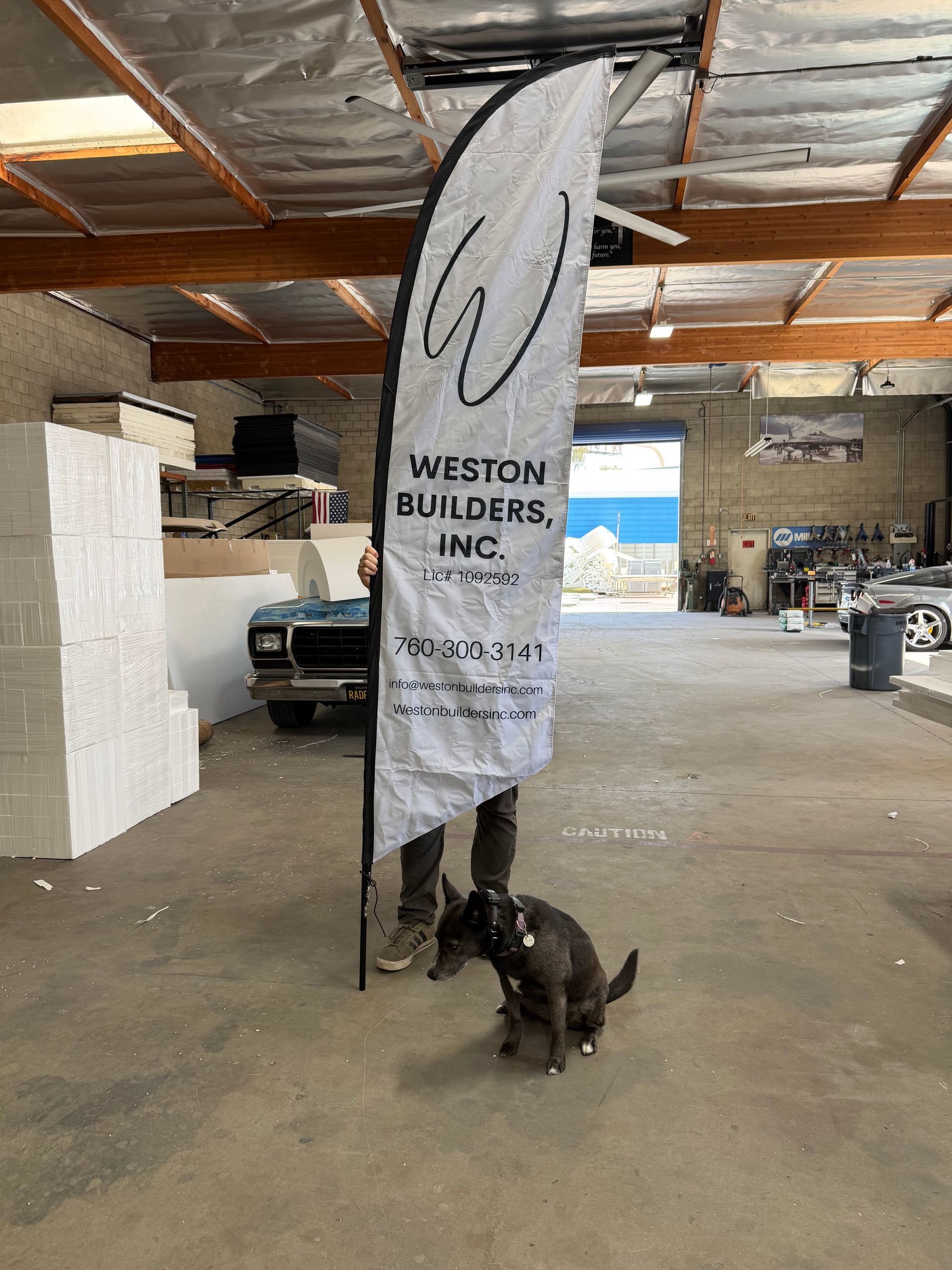 Black dog under a “Weston Builders, Inc.” flag in an unfinished warehouse/garage.