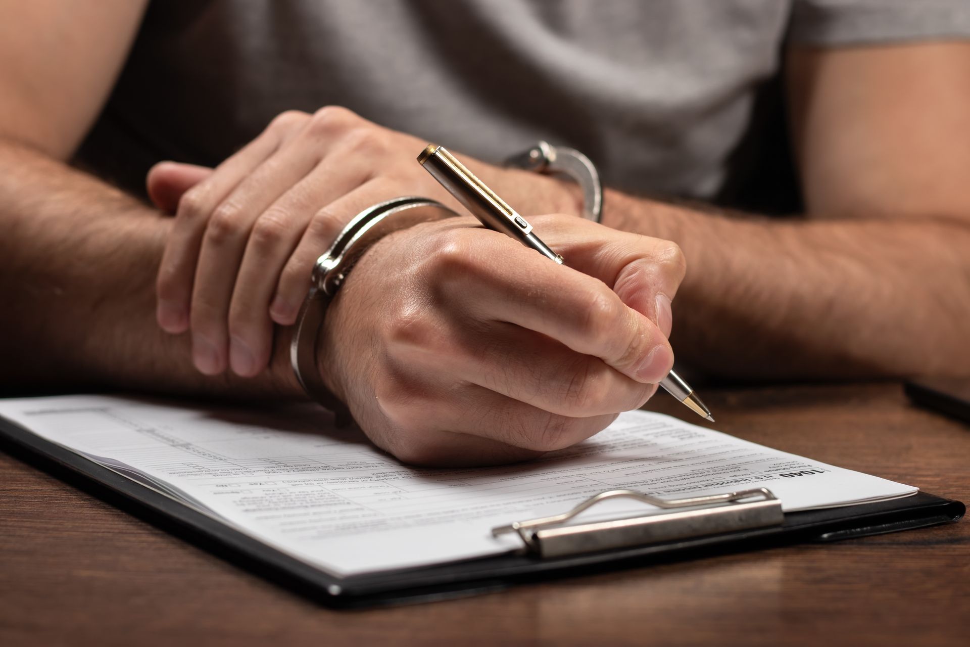 Hands writing on a clipboard with a pen at a wooden table