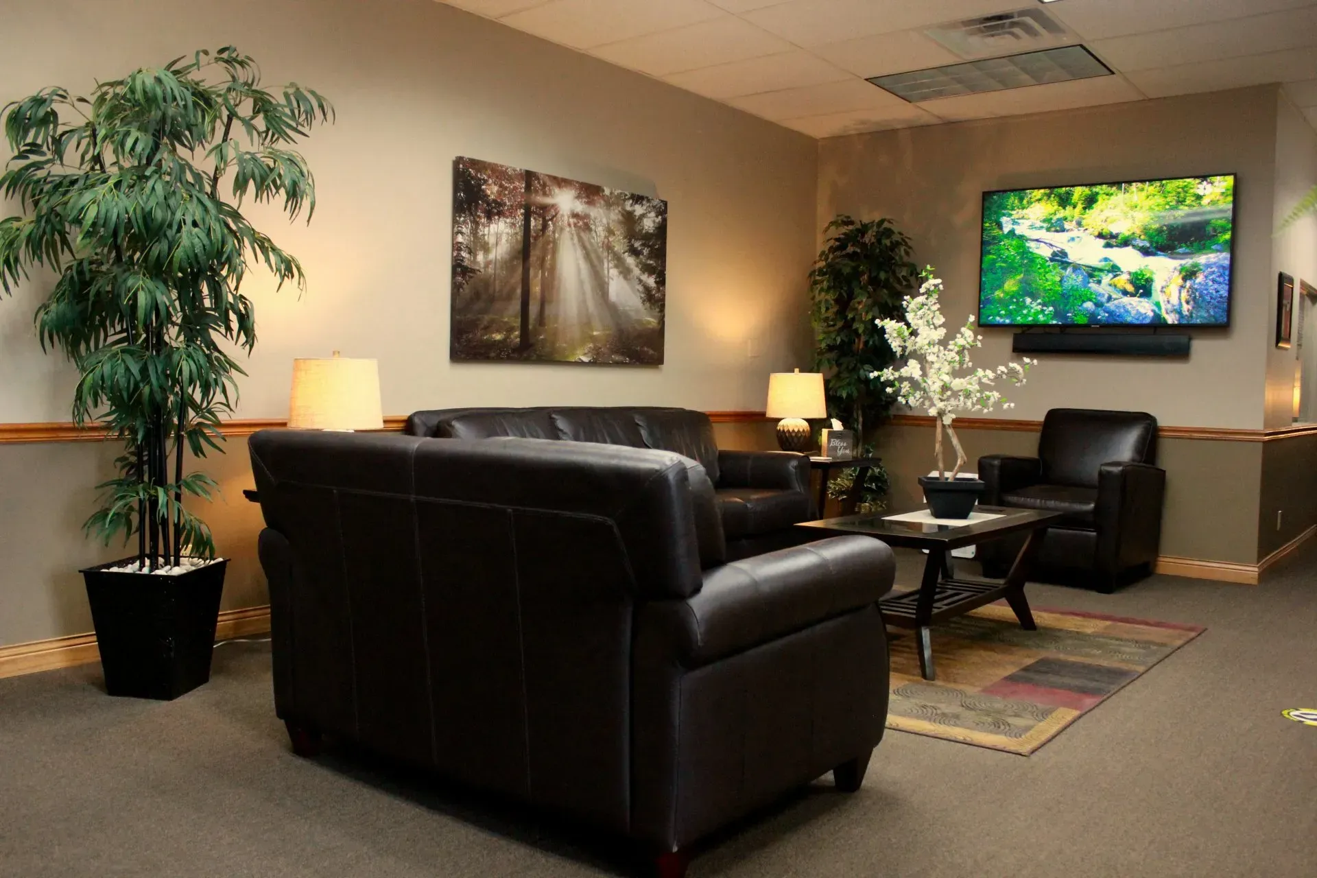 Cozy office lounge with black leather chairs, lamps, plants, wall art, and a TV on the wall.