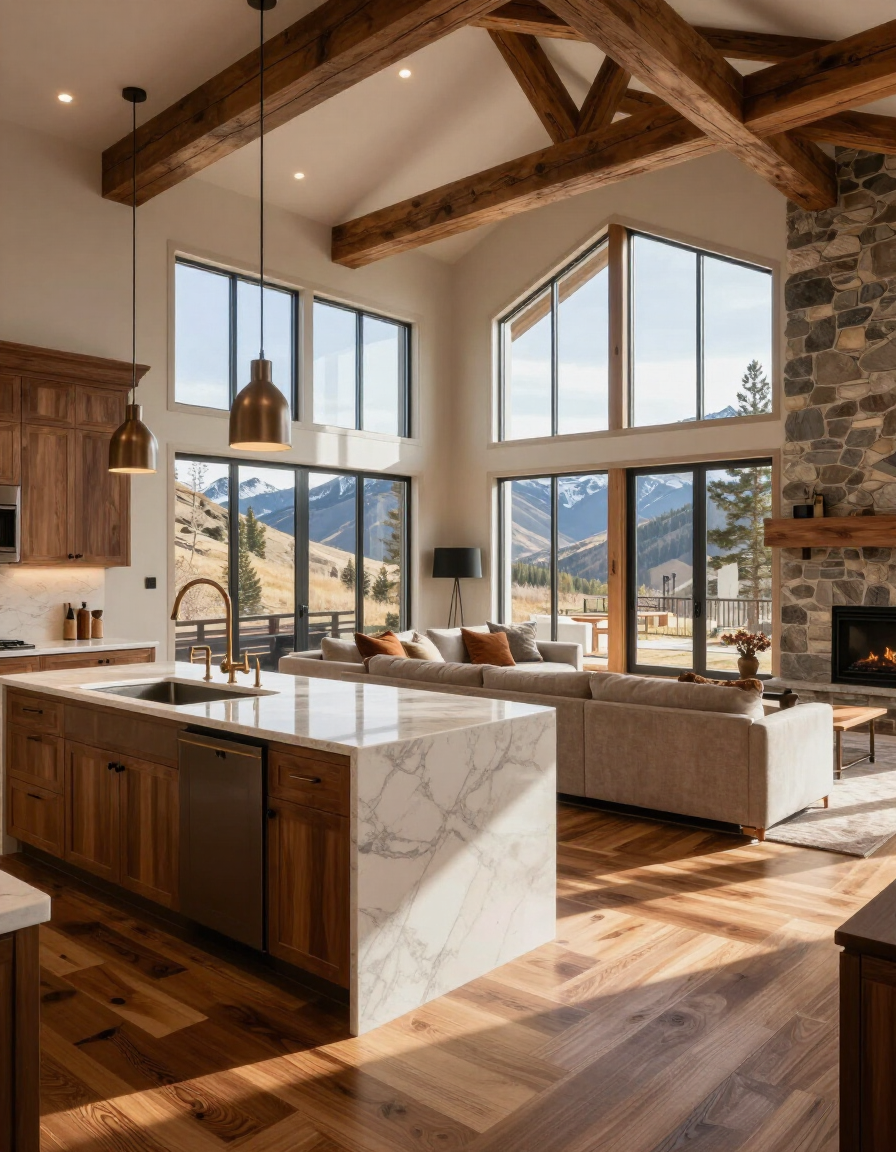 Luxury interior remodel with mountain view windows and premium finishes